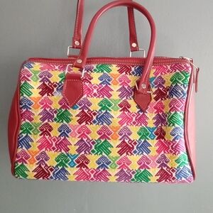 Vibrant Embroidered Satchel Bag Red Leather Trim Colorful‎ Bird Pattern